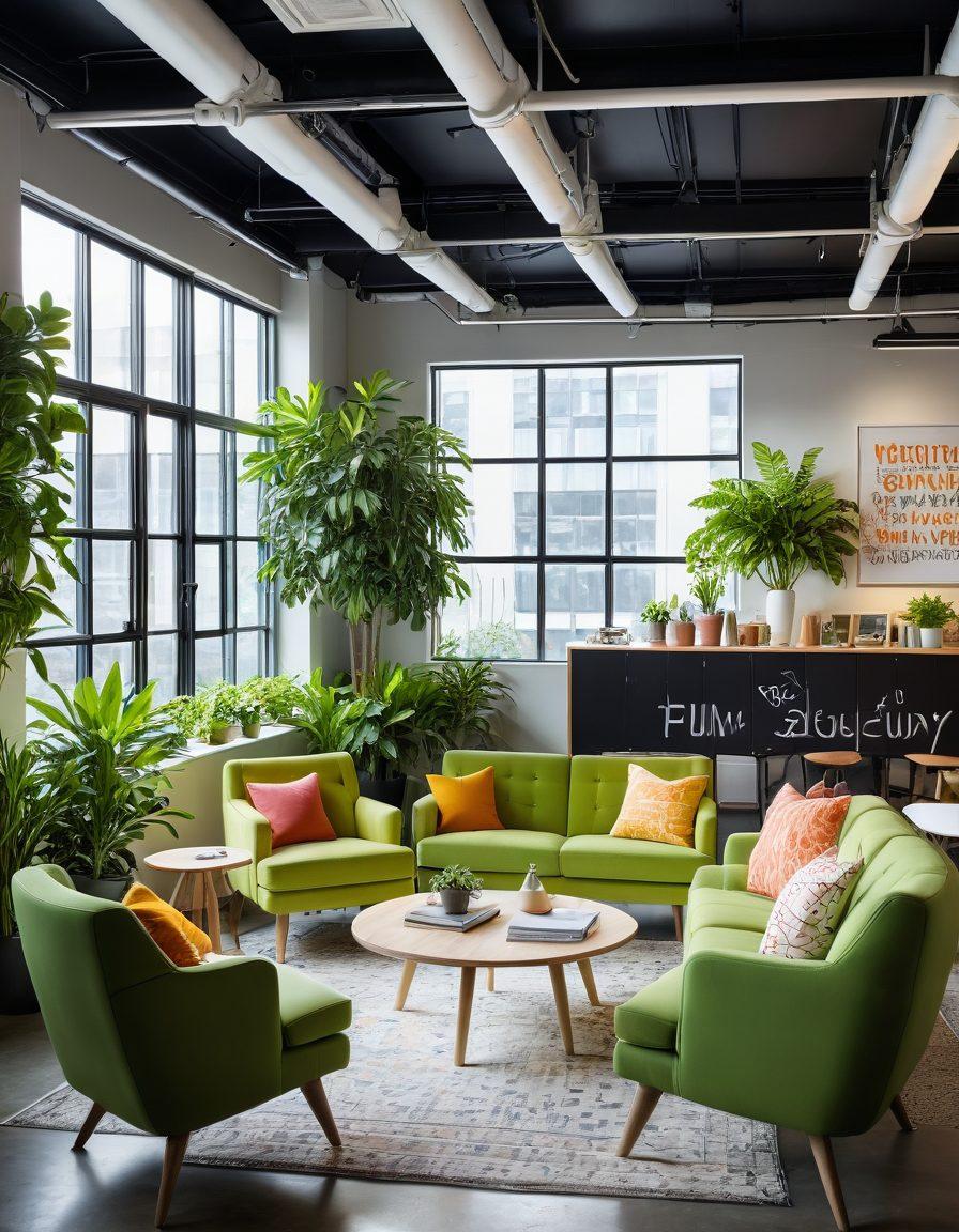 A vibrant office space filled with colorful, ergonomic furniture and joyful employees collaborating over cheerful equipment solutions. Sunlight beams through large windows, casting warmth on inspirational quotes adorning the walls. Plants and colorful accessories bring a lively touch to the environment. The overall scene exudes positivity and innovation. bright colors, super-realistic, energetic atmosphere.